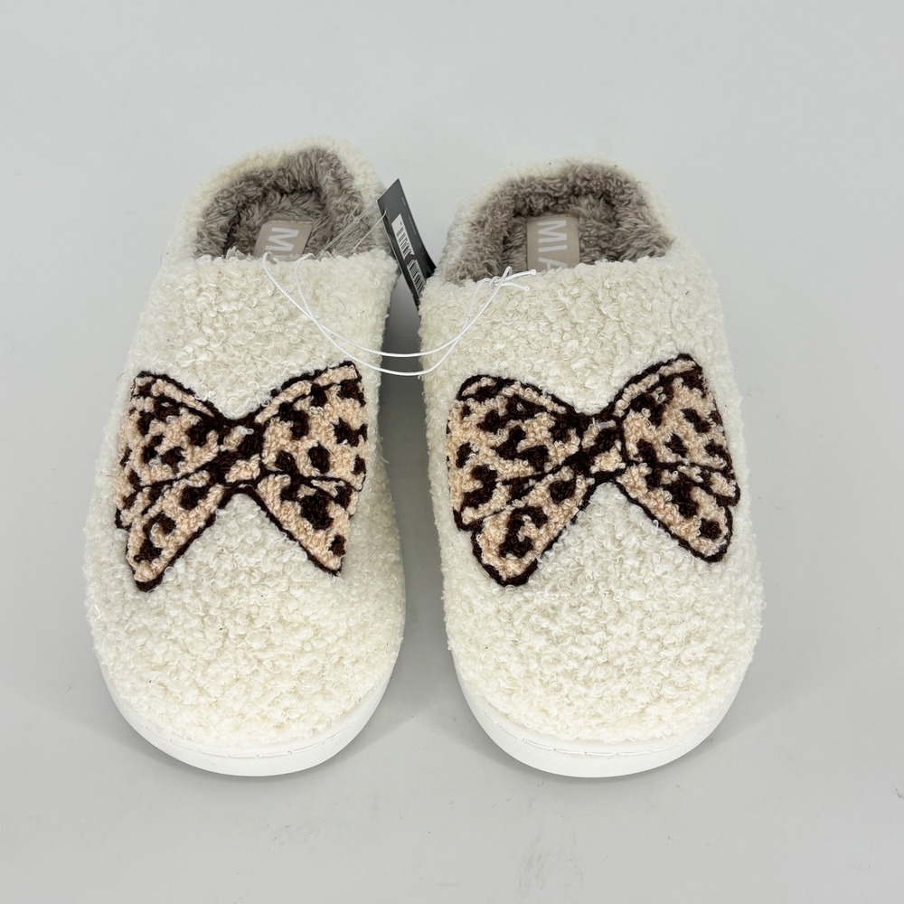 Mia Cozi Bow Slipper Cream Leopard Women Size 6 Faux Fur Loungewear Cozy Warm - Picture 4 of 11